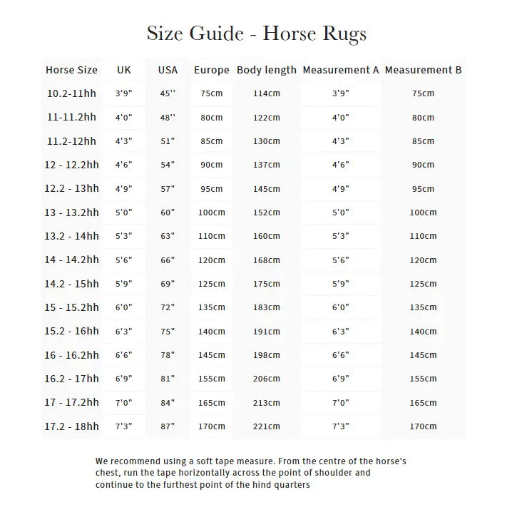 Size guide for lemieux kudos gladiator fly rug grey showing uk usa europe sizes with self-healing mesh details