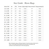 Size guide for lemieux kudos gladiator fly rug grey showing uk usa europe sizes with self-healing mesh details