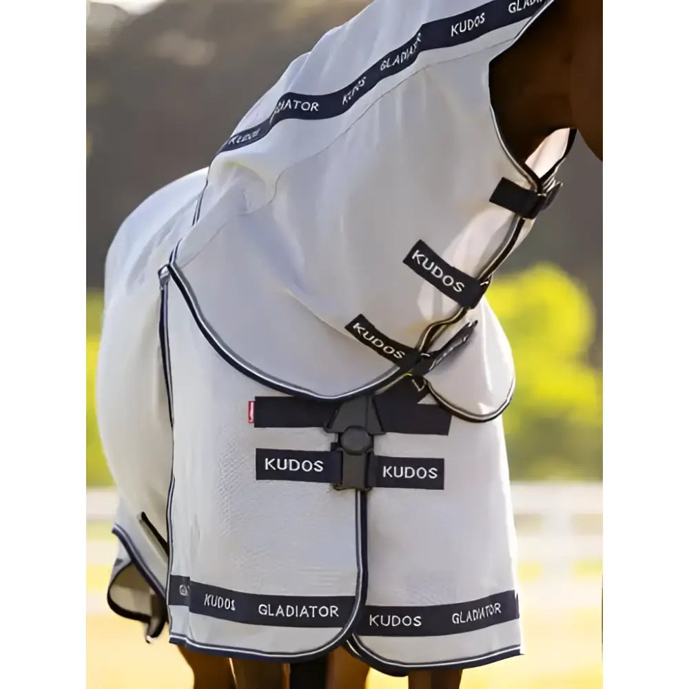 White Lemieux Kudos gladiator fly rug with navy trim and self-healing mesh horse fly mask for fly protection