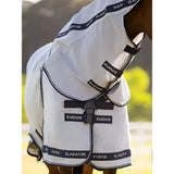 White Lemieux Kudos gladiator fly rug with navy trim and self-healing mesh horse fly mask for fly protection