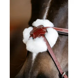 Brown leather lemieux kudos grackle bridle chestnut with white fur trim and stitched emblem detail