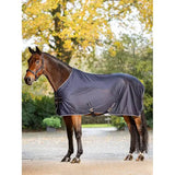 Brown horse in a dark gray blanket with Lemieux Kudos Hybrid Cooler Navy