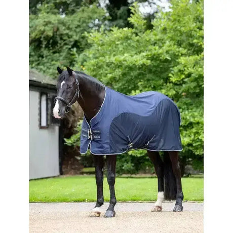 Navy blue lemieux kudos hybrid horse blanket with white trim and adjustable straps kudos hybrid cooler navy