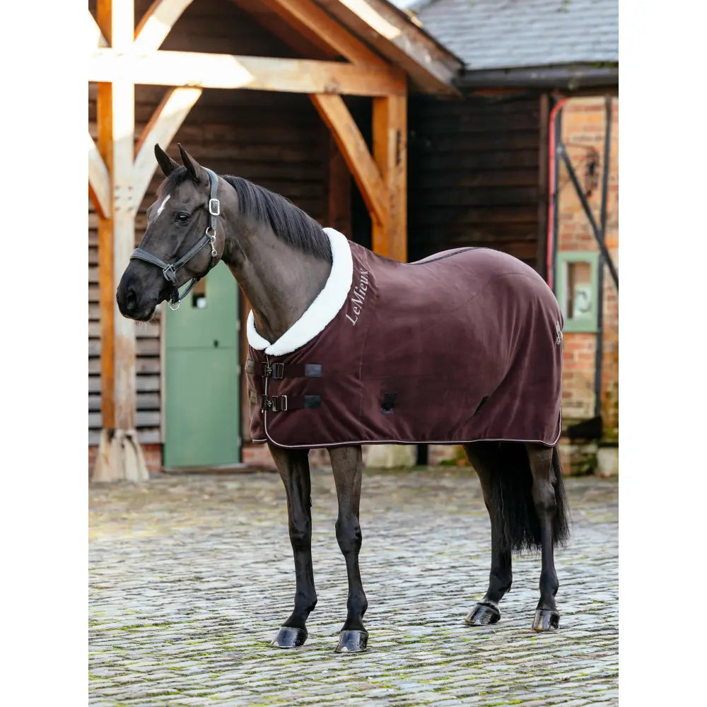 Maroon lemieux kudos luxe fleece rug damson with white faux-fur collar trim and black buckles featuring levity embroidery