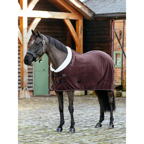 Maroon lemieux kudos luxe fleece rug damson with white faux-fur collar trim and black buckles featuring levity embroidery
