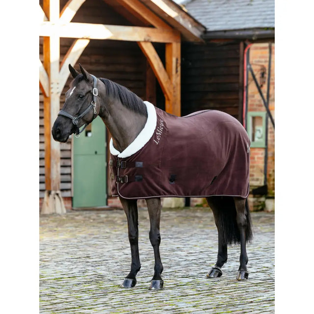 Maroon lemieux kudos luxe fleece rug damson with white faux-fur collar trim and black buckles featuring levity embroidery