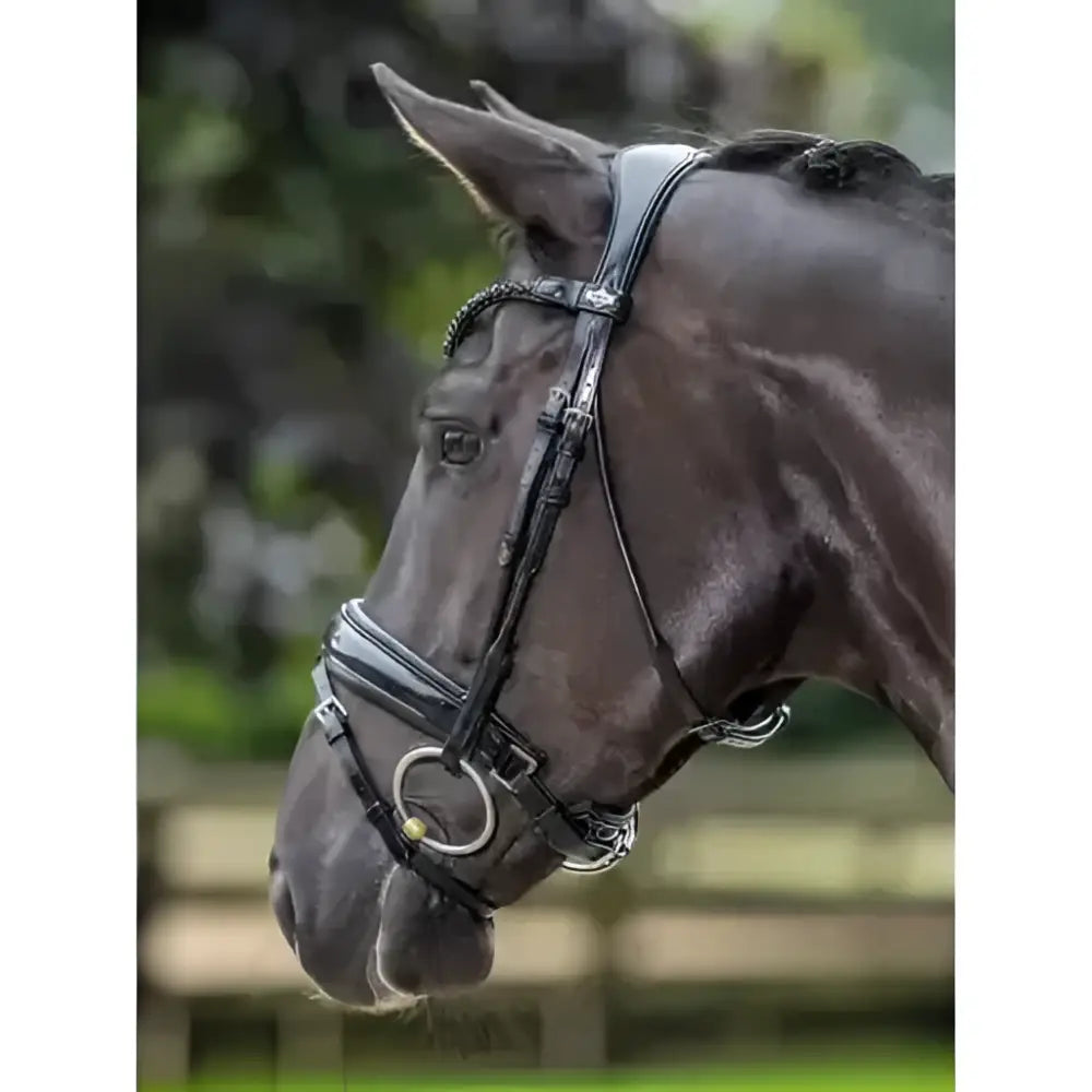 Black leather lemieux kudos patent dressage bridle with silver hardware and decorative braided strap premium pre-oiled italian