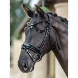 Black leather kudos patent dressage bridle with silver hardware braided detailing from lemieux premium pre-oiled italian leather