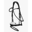 Black leather lemieux kudos patent dressage bridle with white padded noseband and beaded brow band