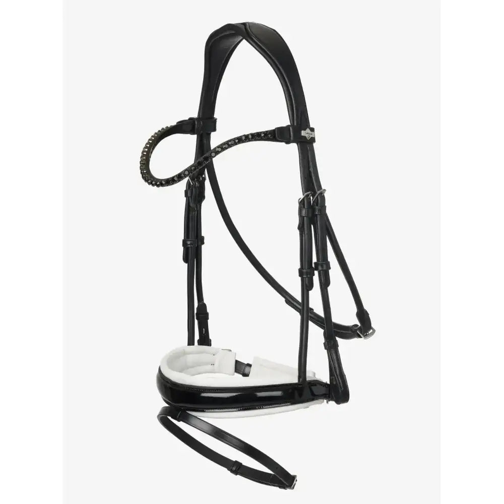 Black leather lemieux kudos patent dressage bridle with white padded noseband and beaded brow band