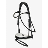 Black leather lemieux kudos patent dressage bridle with white padded noseband and beaded brow band