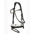 Black leather lemieux kudos patent dressage bridle with white padded nosepiece and rhinestone browband