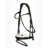 Black leather lemieux kudos patent dressage bridle with white padded nosepiece and rhinestone browband