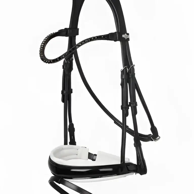 Black leather lemieux kudos patent rolled dressage bridle with white padded noseband and braided straps