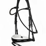 Black leather lemieux kudos patent rolled dressage bridle with white padded noseband and braided straps