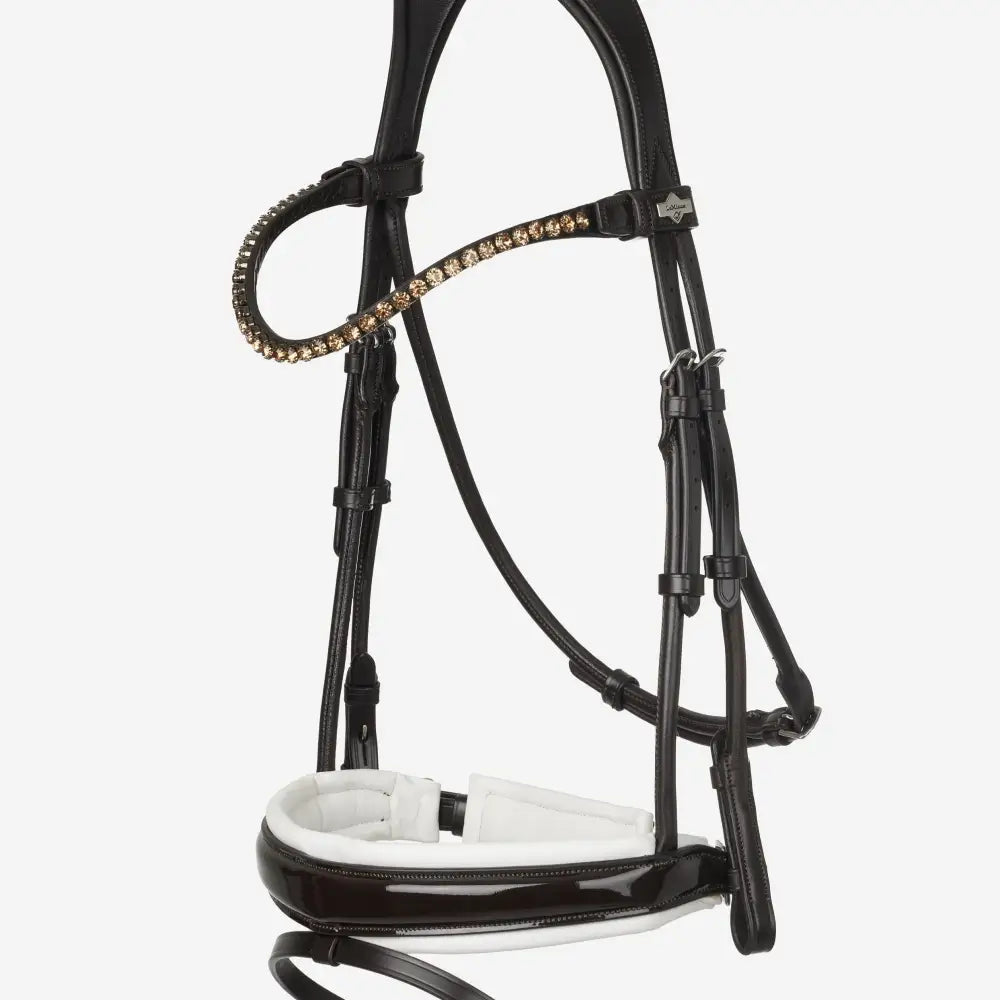 Black leather lemieux kudos patent rolled dressage bridle with sparkling gold rhinestone browband and padded nosepiece