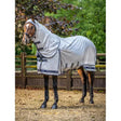 White horse fly veil with black trim and rudos straps, shown with lemieux kudos shower pro waterproof fly rug grey