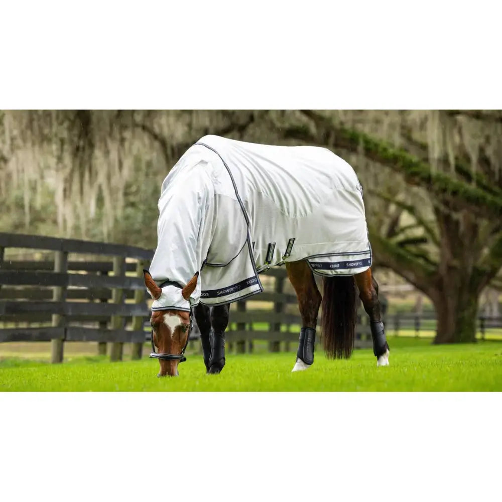 White horse blanket with black trim and lemieux logo detail from lemieux kudos shower pro waterproof fly rug grey collection