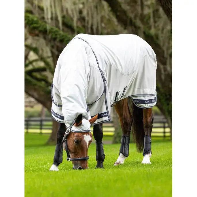 White leMieux Kudos shower pro waterproof fly rug with black trim and logos for horse protection