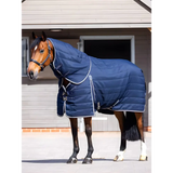 Horse in a blue padded Lemieux Kudos Stable Neck Cover 100g Navy blanket and halter