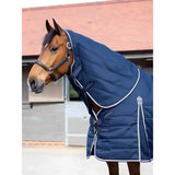 Navy blue quilted lemieux kudos stable neck cover 100g with white trim and brand logos for stable use