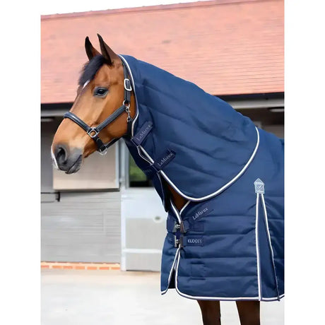 Navy blue quilted lemieux kudos stable neck cover 100g with white trim and brand logos for stable use