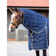 Horse in Lemieux Kudos Stable Neck Cover 200g Navy with blue padded blanket and halter