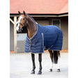 Navy blue lemieux kudos stable rug 100g with white trim rip stop outer and brand logo for horse use