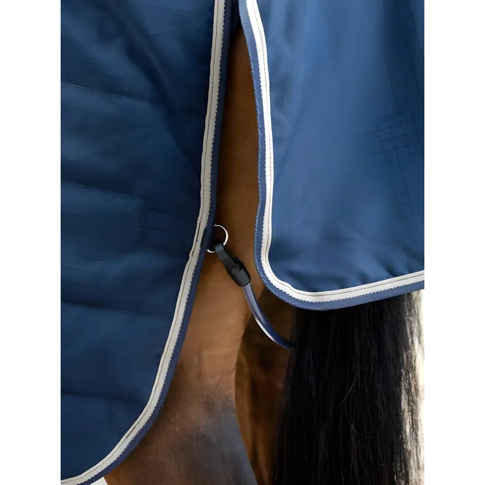 Horse in a blue Lemieux Kudos Stable Rug 100g Navy with white trim