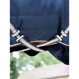 Navy lemieux kudos stable rug 100g with rip-stop outer and white black striped straps silver-tone lemieux buckles