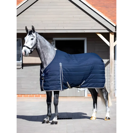 Gray horse wearing a navy blue Lemieux Kudos Stable Rug 50g for optimal warmth