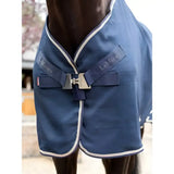 Navy blue lemieux kudos stable sheet with white trim and silver buckle perfect stable sheet navy design