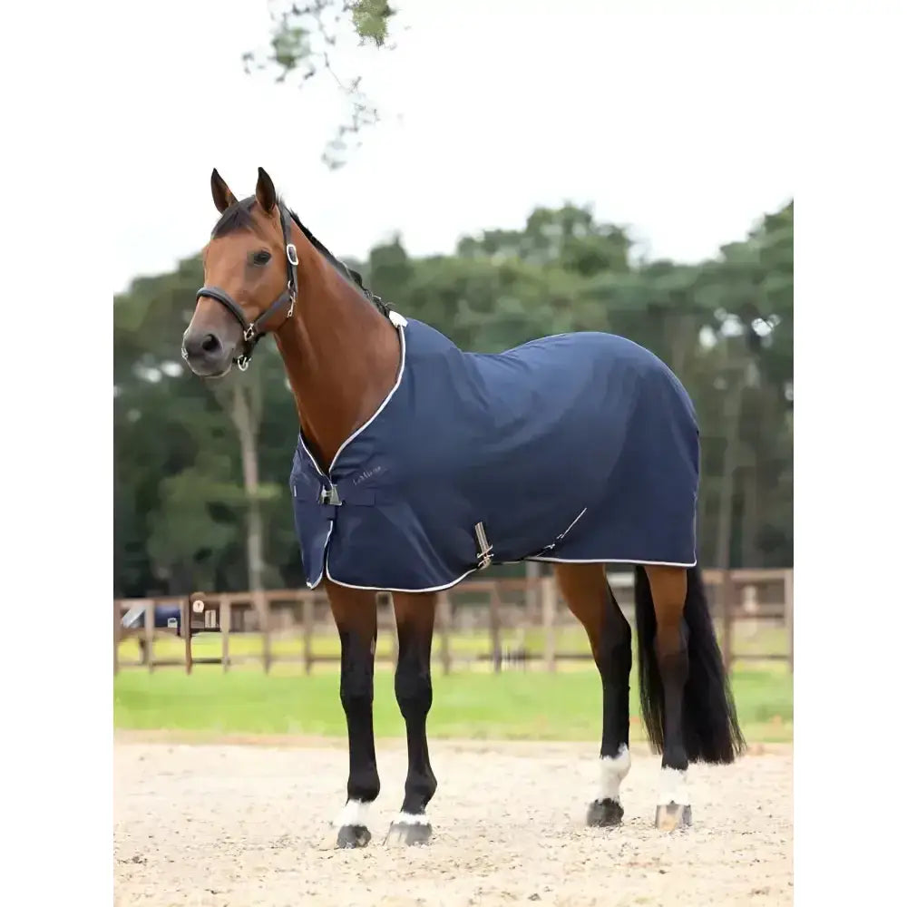 Navy blue lemieux kudos stable sheet with white trim and silver buckles perfect as a kudos stable sheet navy cover