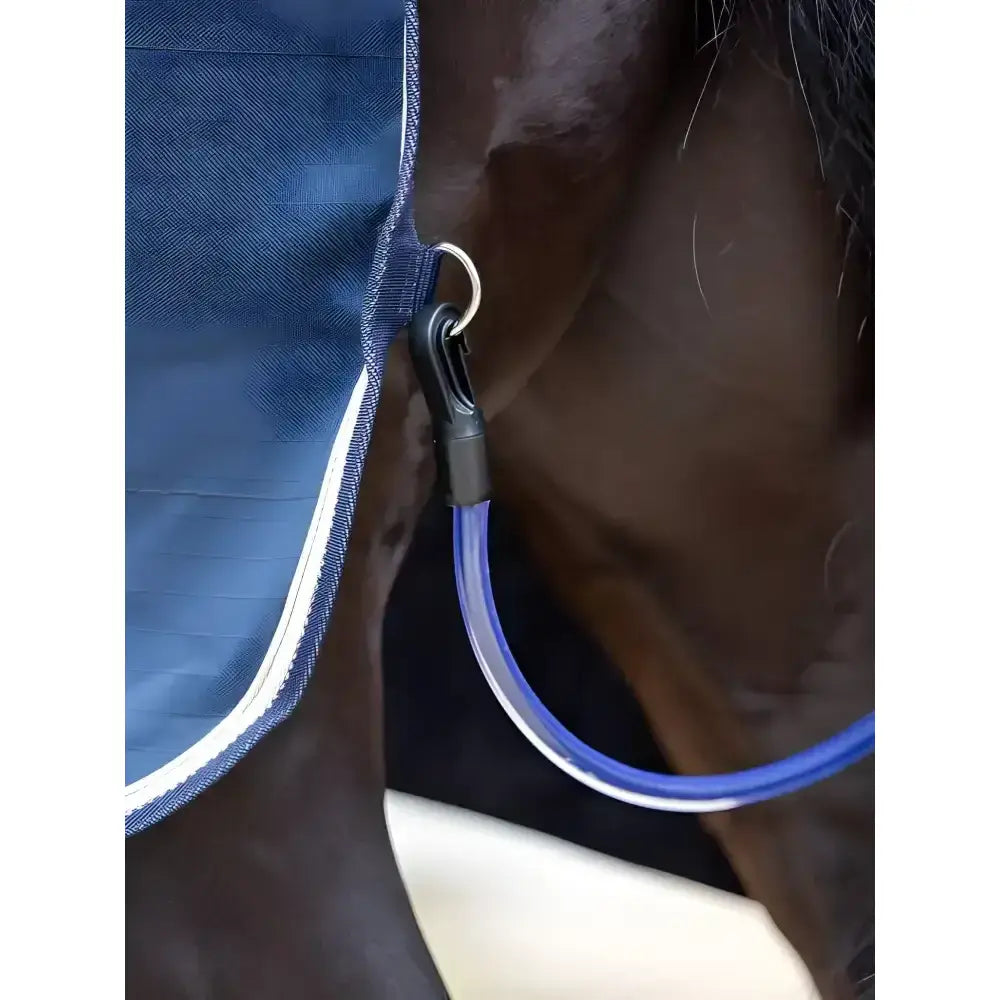 Blue translucent plastic lead with black clip and silver ring attached to navy lemieux kudos stable sheet navy horse blanket