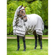 Light gray lemieux kudos sweet fly veil with black trim and adjustable straps for sweet itch comfort use