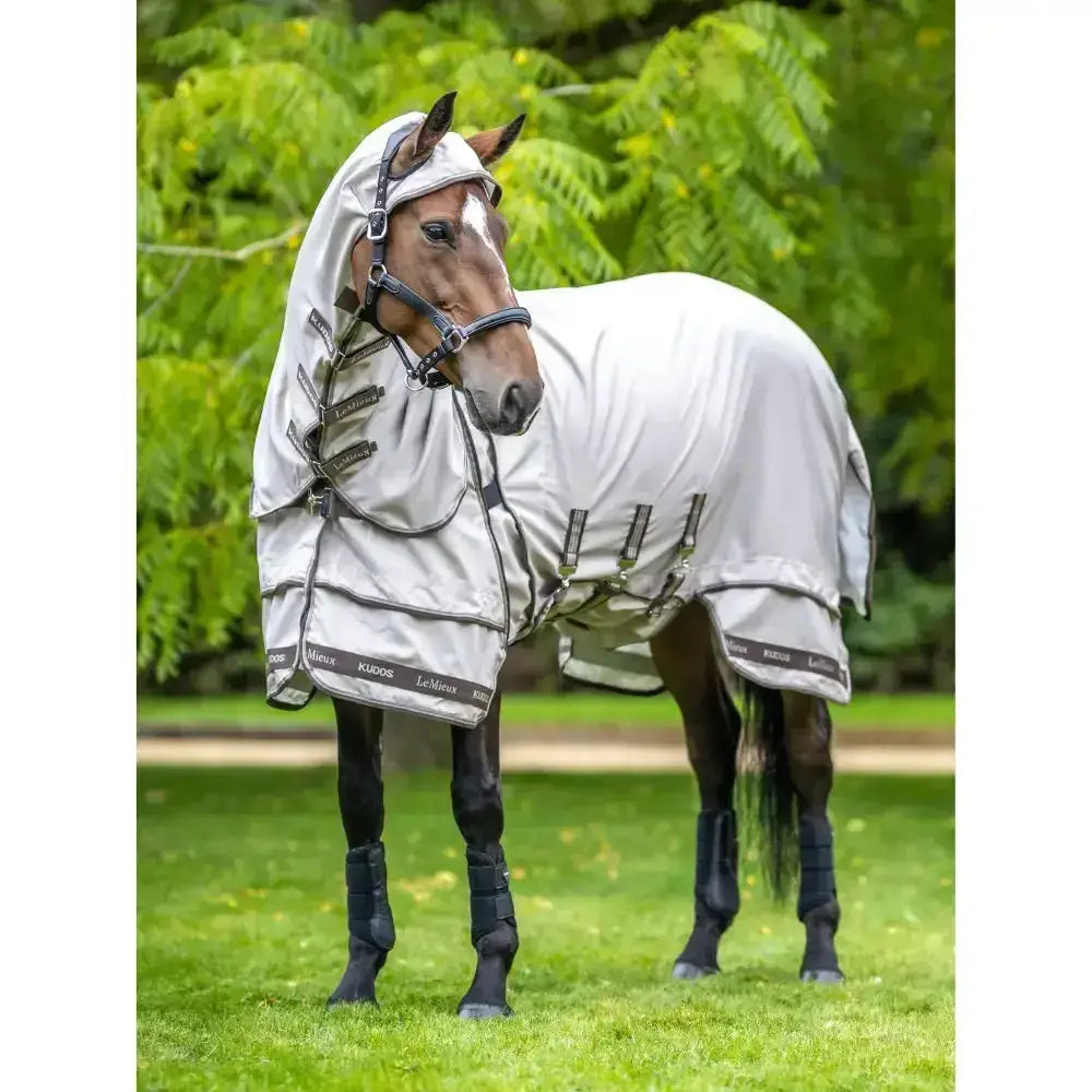 Light gray lemieux kudos sweet fly veil with black trim and adjustable straps for sweet itch comfort use