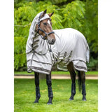 Light gray lemieux kudos sweet fly veil with black trim and adjustable straps for sweet itch comfort use