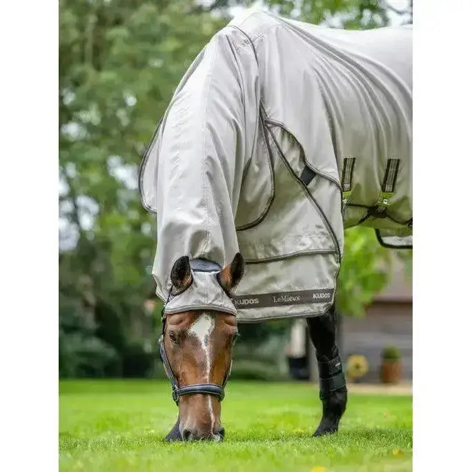 A light gray breathable lemieux kudos sweet itch rug with black trim and adjustable straps for sweet itch comfort