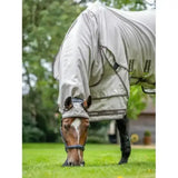A light gray breathable lemieux kudos sweet itch rug with black trim and adjustable straps for sweet itch comfort