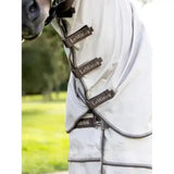 Light gray mesh lemieux kudos sweet itch rug with dark brown leather straps for sweet itch comfort