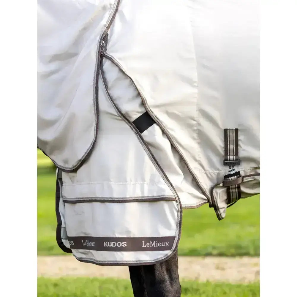 Silver-gray waterproof lemieux kudos sweet itch rug with black trim and reflective stripes for sweet itch comfort