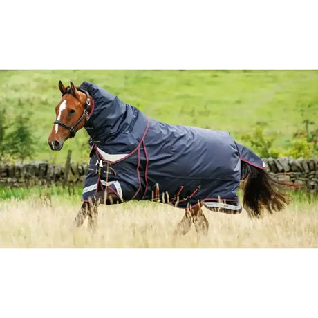 Navy blue lemieux kudos thermo layer turnout rug with red trim and white reflective stripes 300g warmth