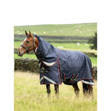 Navy blue waterproof horse rug with maroon trim and reflective stripes lemieux kudos thermo layer turnout 300g