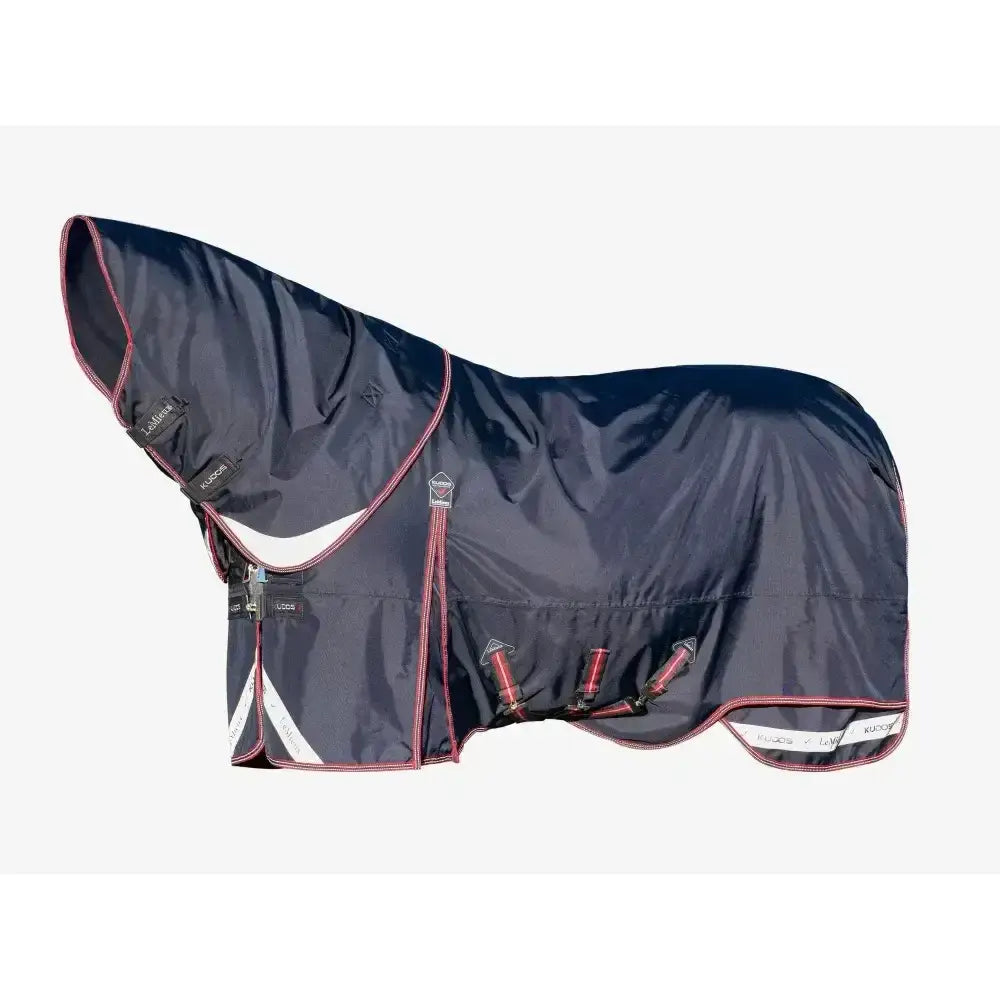 Dark navy lemieux kudos thermo layer turnout rug with pink white trim hood and adjustable straps for secure fit