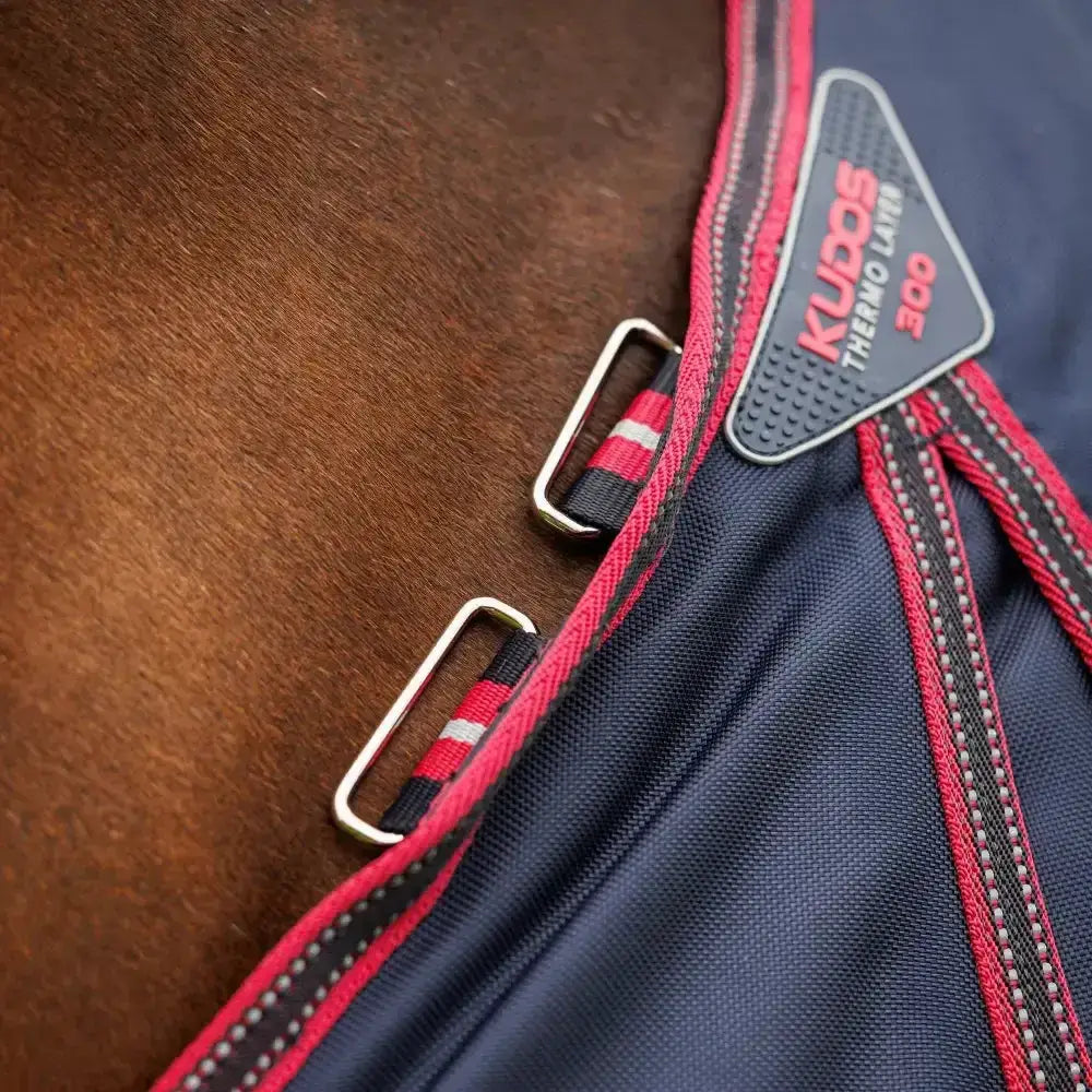 Navy blue lemieux kudos turnout rug 100g with red and black trim perfect for horse warmth and comfort