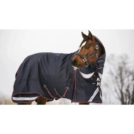 Dark navy lemieux kudos turnout rug 200g with maroon white accents adjustable straps and reflective branding