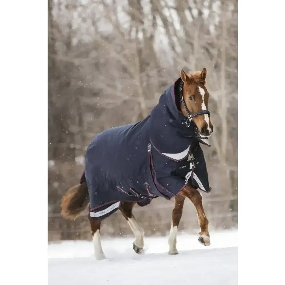 Dark blue lemieux kudos turnout rug 350g with white and purple trim and logo on the chest