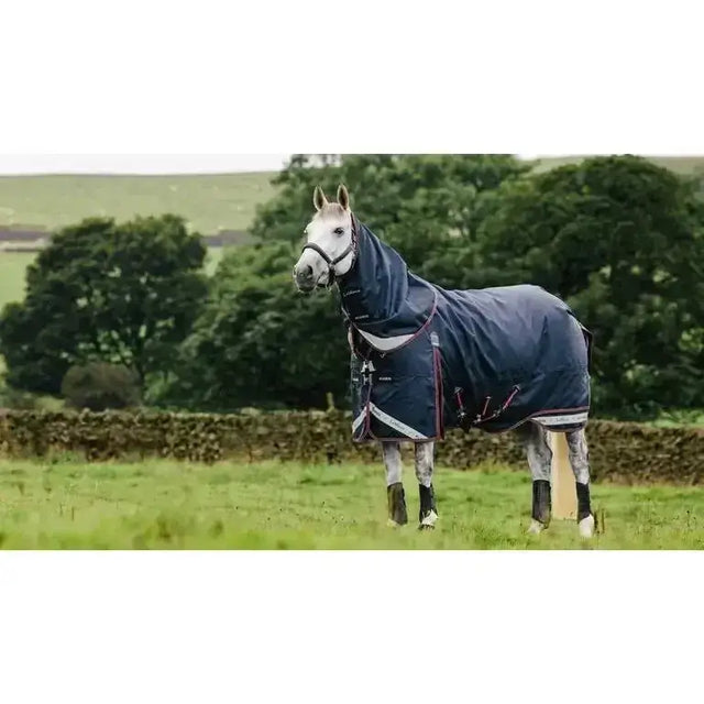 Navy blue lemieux kudos turnout rug 50g with reflective stripes and black protective leg wraps on a horse back side view
