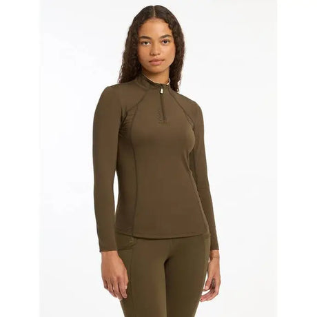 Brown long-sleeved athletic top with quarter-zip from Lemieux Ladies Base Layer Alpine