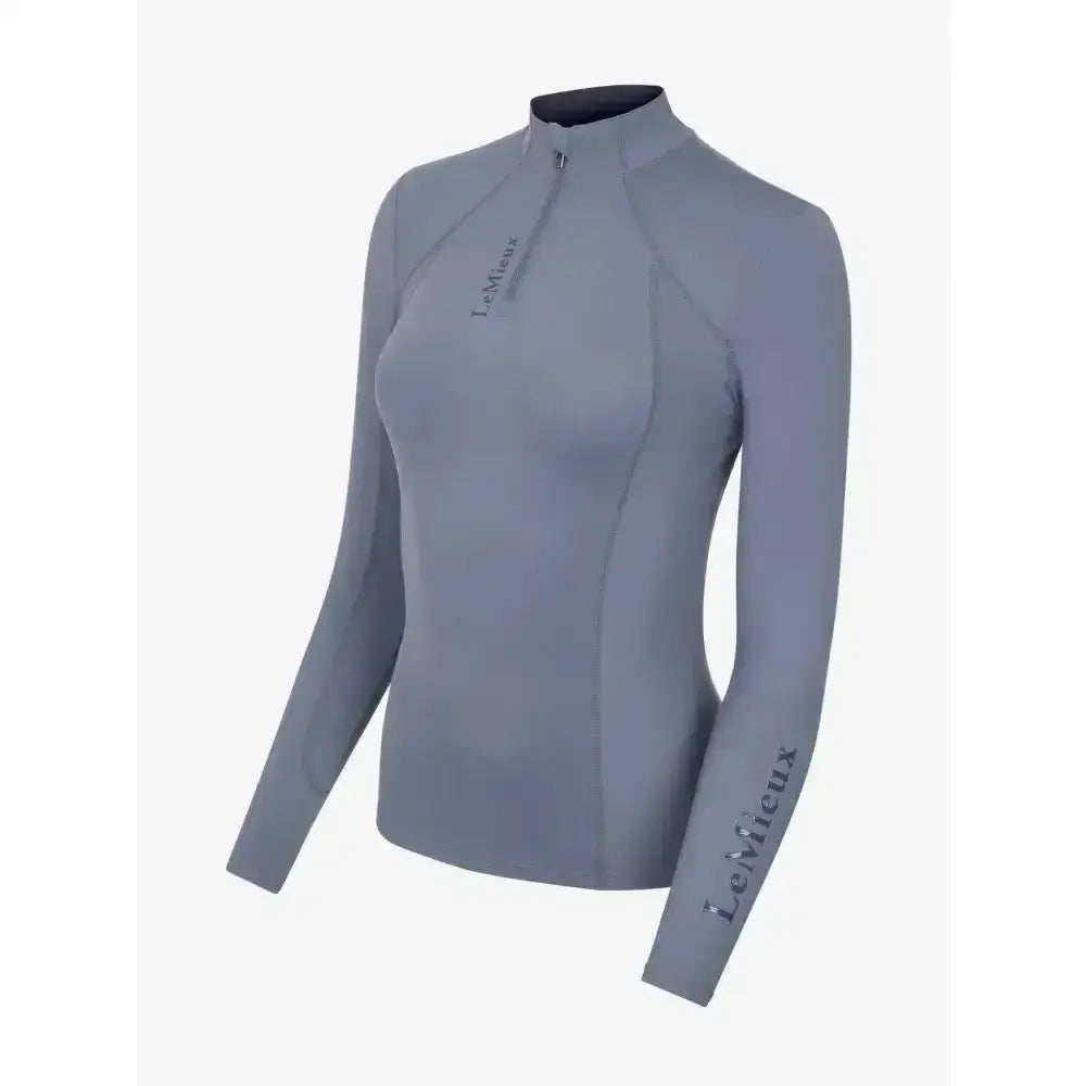 Gray long-sleeved riding base layer jay blue with high collar zipper and lemieux embroidery on chest and sleeve